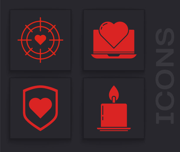 设置燃烧的蜡烛，心脏在飞镖的中心目标瞄准，笔记本电脑与心脏和心脏盾牌图标。向量图片下载
