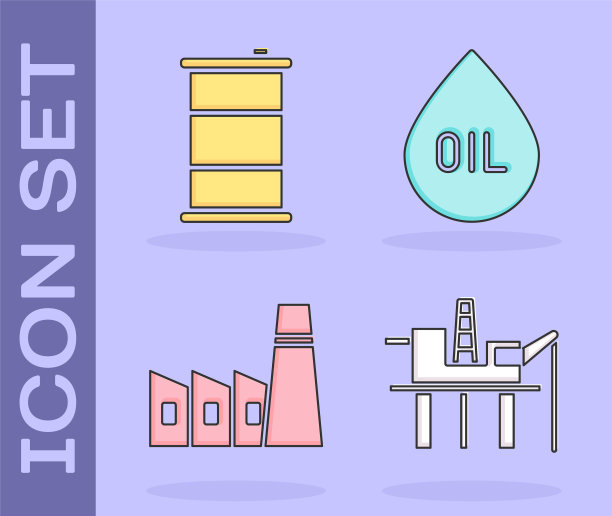 集海上石油平台，桶油，石油工业厂房和石油滴图标。向量图片下载