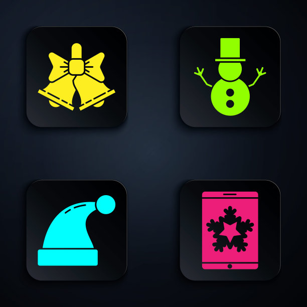 在智能手机和雪花上设置圣诞节，圣诞铃声快乐，圣诞老人帽子和圣诞雪人。黑色方形按钮。向量图片下载