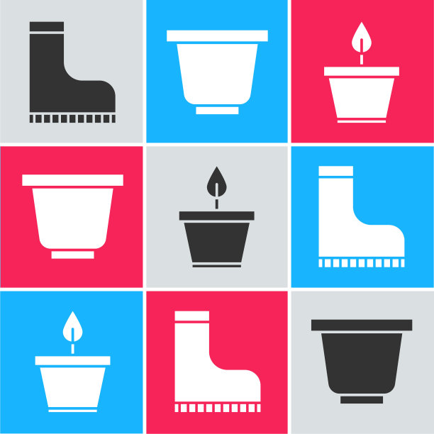 设置防水橡胶靴，花盆和植物在花盆图标。向量图片下载