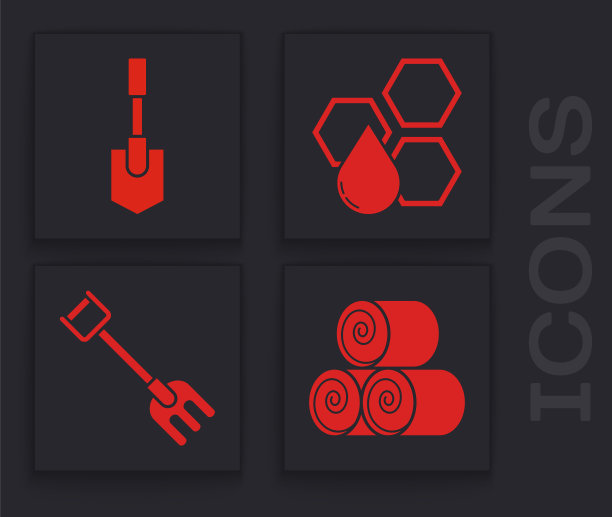 设置卷轴干草，铲子，蜂巢和花园耙图标。向量图片下载