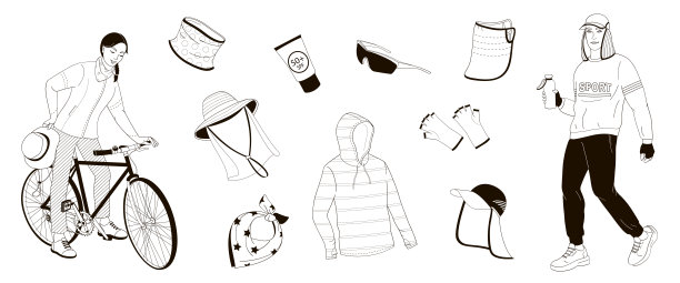 骑自行车的女子和穿着运动服的男子，在户外运动中对太阳辐射和紫外线的防护措施，黑白矢量插图图片下载