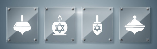 设定光明节的大灯柱，光明节的大灯柱，燃烧的蜡烛在烛台与大卫之星和光明节的大灯柱。方形玻璃板。向量图片下载