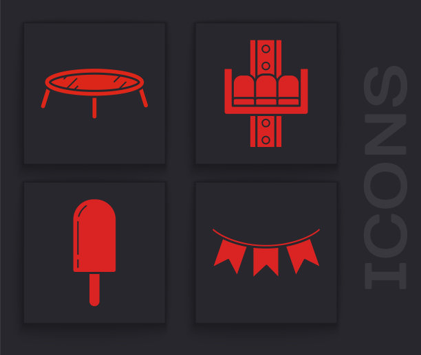 设置嘉年华花环与旗帜，跳跃蹦床，吸引旋转木马和冰淇淋图标。向量图片下载