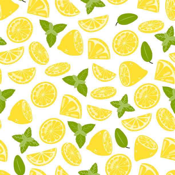 柠檬和薄荷的无缝图案。矢量背景与手绘柑橘水果包装纸，纺织品，印刷，卡片图片下载