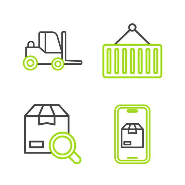 设置移动应用程序交付跟踪，搜索包裹，起重机和叉车上的集装箱图标。向量图片下载