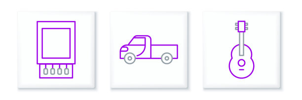 设置线吉他，打开火柴盒和火柴和皮卡图标。向量图片下载