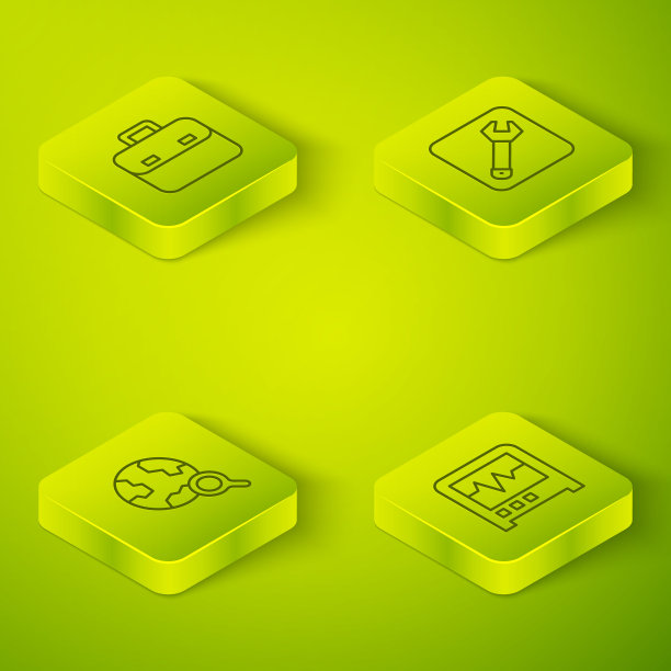 设置等距线扳手扳手，放大镜与地球仪，地震仪和公文包图标。向量图片下载