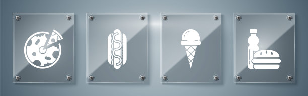 瓶装水和汉堡，华夫蛋筒冰淇淋，芥末热狗三明治和披萨。方形玻璃板。向量图片下载