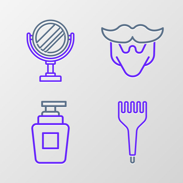 集线发刷，瓶洗发水，胡子和胡须和圆形化妆镜图标。向量图片下载