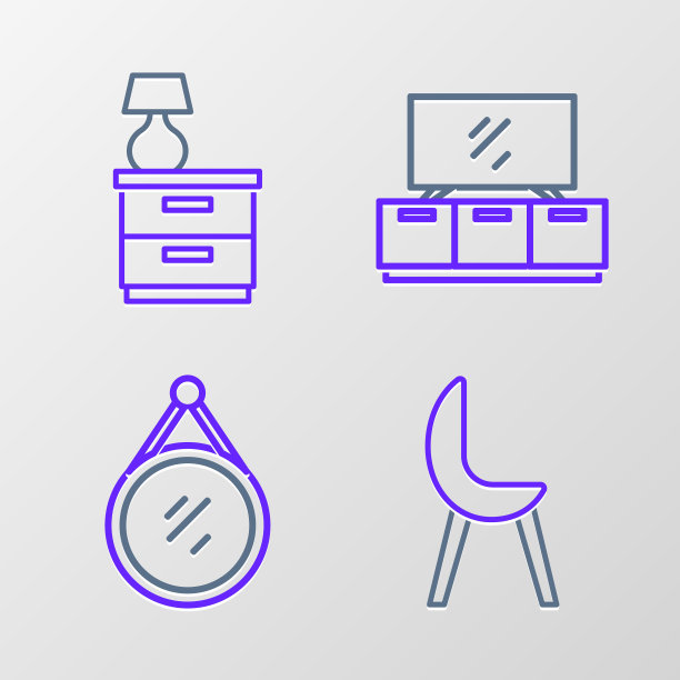 集线扶手椅，镜子，电视桌架和家具床头柜灯图标。向量图片下载