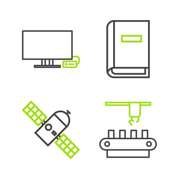 集生产线工厂输送系统带，卫星，用户手册和智能电视图标。向量图片下载