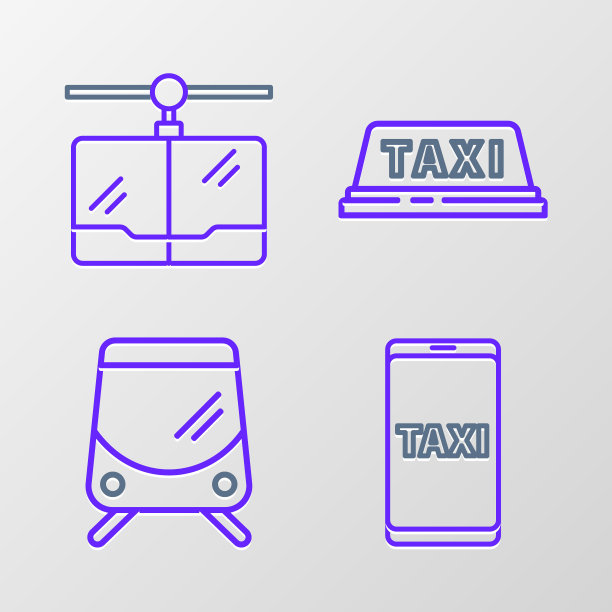 设置出租车电话服务，有轨电车和铁路，车顶和电缆图标。向量图片下载