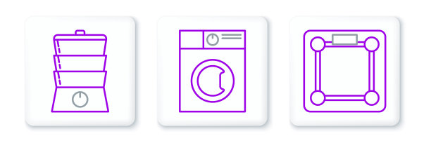 设置线浴室秤，双锅炉和洗衣机图标。向量图片下载