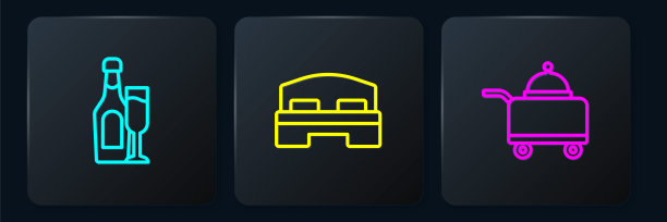 设置线香槟瓶与玻璃，有盖的托盘食物和酒店房间床。黑色方形按钮。向量图片下载