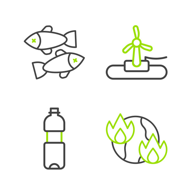 设线全球变暖火，瓶装水，风力涡轮机和死鱼图标。向量图片下载