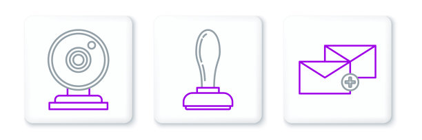 设置线信封，网络摄像头和邮票图标。向量图片下载