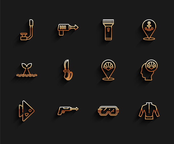 采购产品集线鱼，钓鱼鱼叉，浮潜，潜水面具，潜水服，刀，扇贝海贝壳和图标。向量图片下载