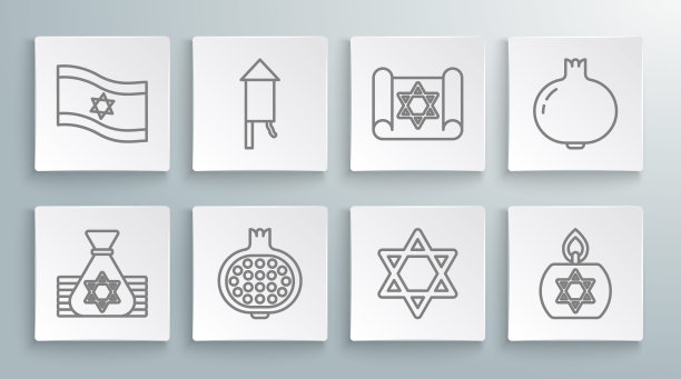 设置线犹太钱袋，烟花火箭，石榴，大卫之星，燃烧的蜡烛，托拉卷轴，国旗以色列图标。向量图片下载