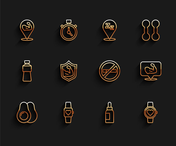 设置线鳄梨水果，智能手表，健美运动员的肌肉，精油瓶，和无烟图标。向量图片下载