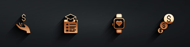 集手持币钱，在线教育，智能手表和金融成长美元图标与长影子。向量图片下载
