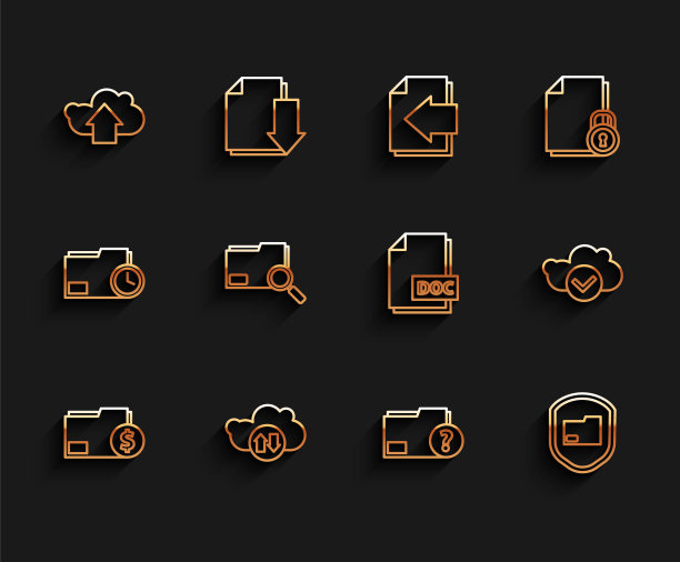 设置行财务文件文件夹，云下载和上传，未知，文件保护，搜索概念与，复选标记和DOC文件图标。向量图片下载
