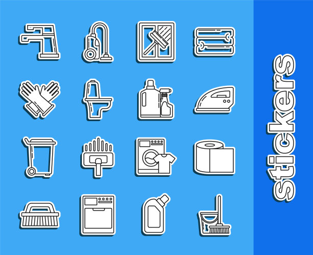 集拖把和水桶，厕纸卷，电熨斗，刮板，刮水器，碗，橡胶手套，水龙头和塑料瓶的液体洗洁精图标。向量图片下载