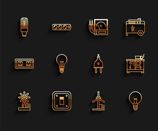 集风力发电机，电灯开关，LED灯泡，灯，概念的想法，柴油发电机和插头图标。向量图片下载