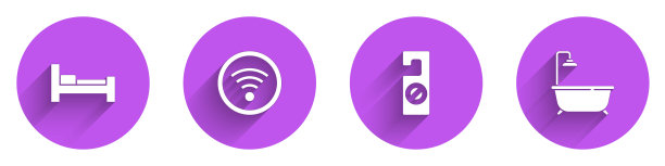 酒店客房床，Wi-Fi无线，请不要打扰和浴缸淋浴图标长阴影。向量图片下载