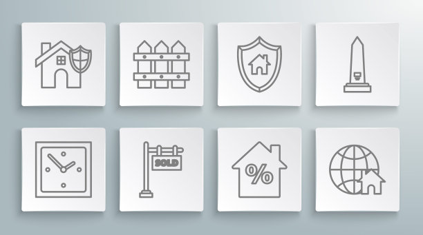 设置线时钟，花园栅栏木制，悬挂标志与文字出售，房子的百分比折扣标签，环球房子标志，盾牌，华盛顿纪念碑和图标。向量图片下载