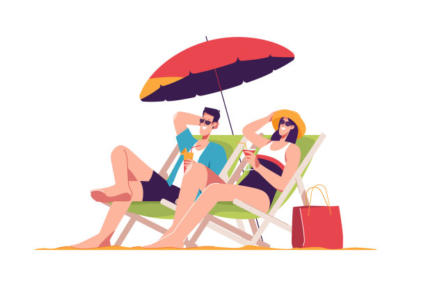 这对幸福的夫妇坐在沙滩上的躺椅上，在伞下休息。矢量图图片下载