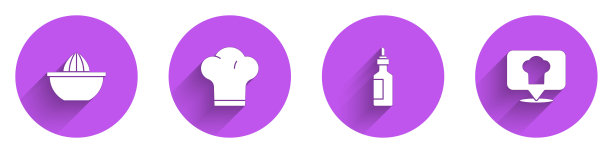 集柑橘榨汁机，厨师帽，一瓶橄榄油，并与位置图标长阴影。向量图片下载