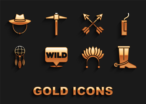 设置指针到狂野西部，炸药炸弹，牛仔靴，印第安头饰与羽毛，捕梦网，交叉箭头，西部牛仔帽和鹤嘴锄图标。向量图片下载