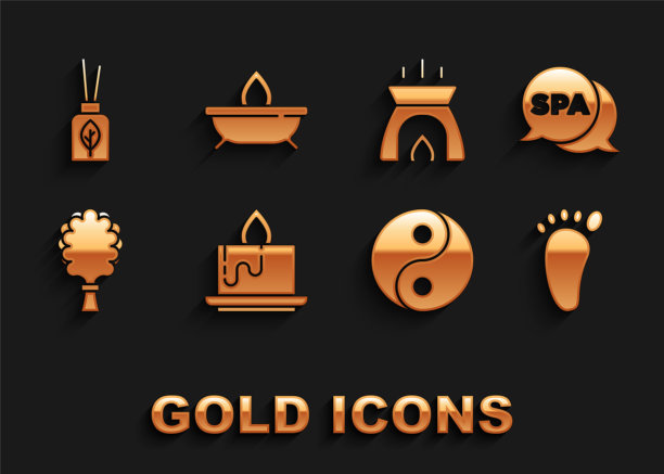 集香氛蜡烛，水疗沙龙，足部按摩，阴阳，桑拿扫帚，扩散器和图标。向量图片下载