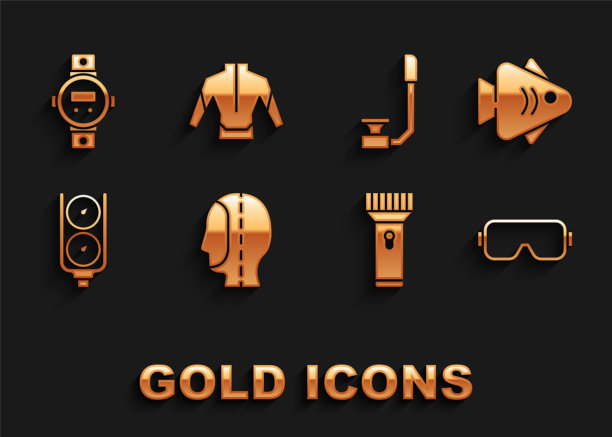 集潜水罩，鱼，面具，手电筒，压力表规模，通气管，手表和潜水服图标。向量图片下载