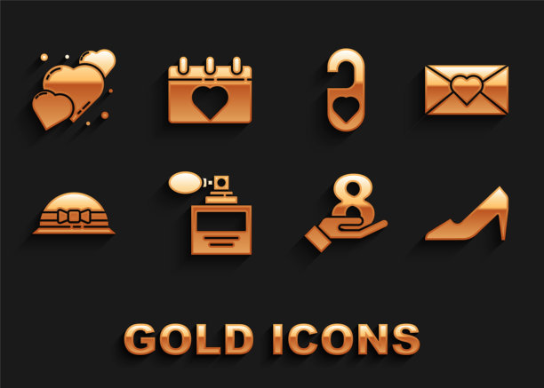 套装香水，3月8日信封，女士鞋，在手，优雅的女士帽子，请不要打扰心，心和日历图标。向量图片下载