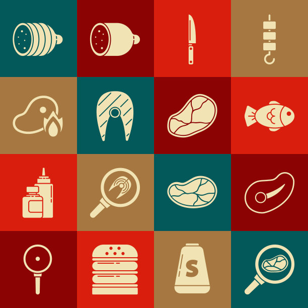 在煎锅中设置牛排肉，鱼，刀，牛排，烧烤和火焰，意大利腊肠和图标。向量图片下载