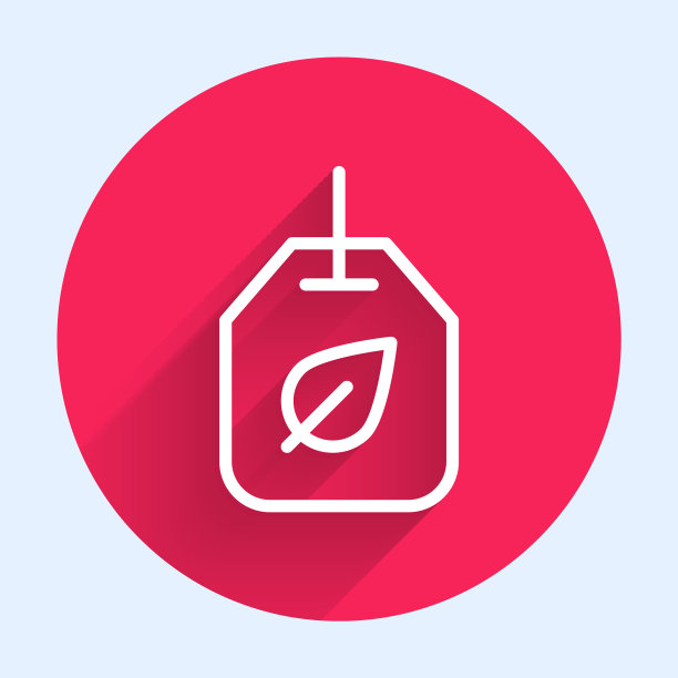 白线茶包与叶子图标隔离与长阴影背景。红色圆圈按钮。向量图片下载