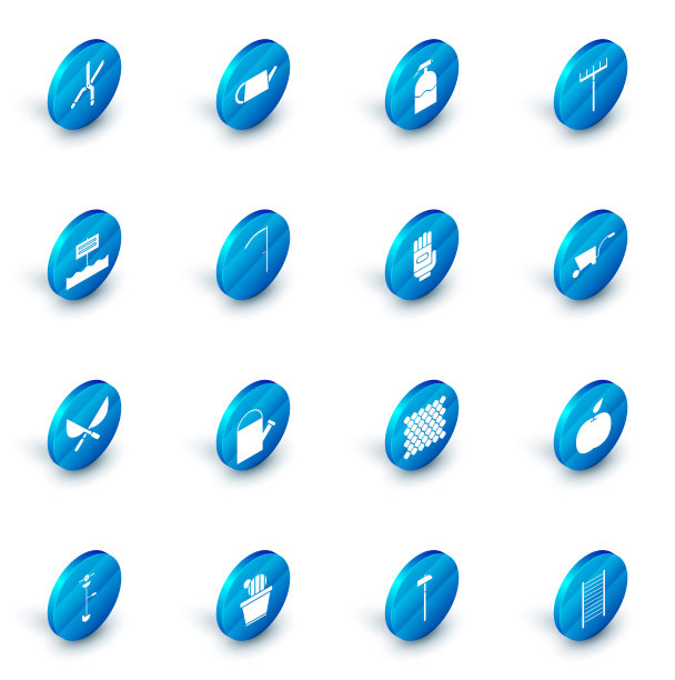 集水罐，花园喷雾器，耙子，空白木招牌板，园艺手工剪刀，镰刀，独轮车和手套图标。向量图片下载