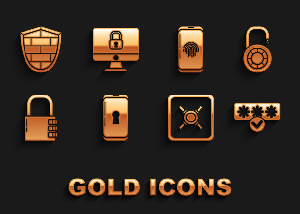 设置智能手机锁，安全组合轮，密码保护和安全访问，指纹扫描仪，屏蔽网络安全砖墙和锁定计算机显示器屏幕图标。向量图片下载
