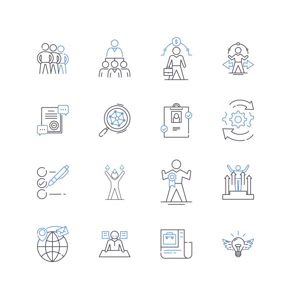 公司成功线图标集合。增长，创新，盈利能力，可持续性，效率，愿景，适应性矢量和线性插图。领导力，多样性，韧性概述标志设置图片下载