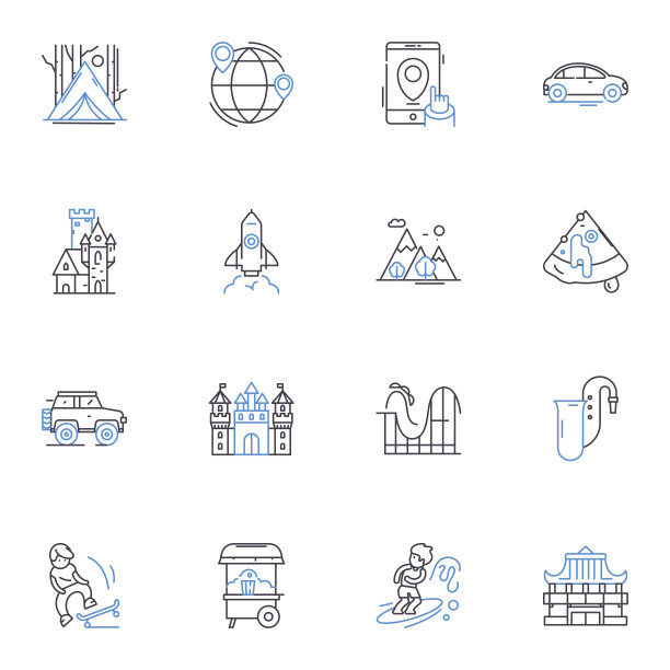 邮轮图标收集。冒险，海洋，放松，探索，乐趣，奢侈，美食矢量和线性插图。娱乐，目的地，度假轮廓标志设置图片下载