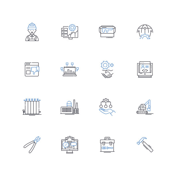 木匠线条图标集合。采购产品木工，手工制作，定制，构造，木屑，细木工，锤子矢量和线性插图。车间，人字板，刨床轮廓标志设置图片下载