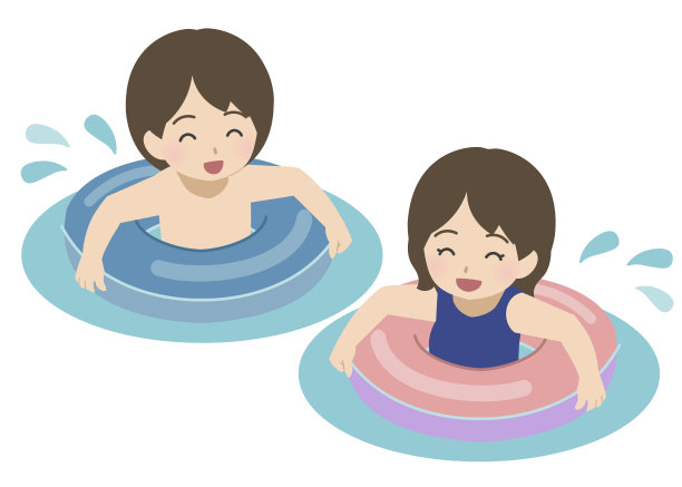 男孩和女孩穿着泳装，戴着游泳圈，在水里玩耍图片下载