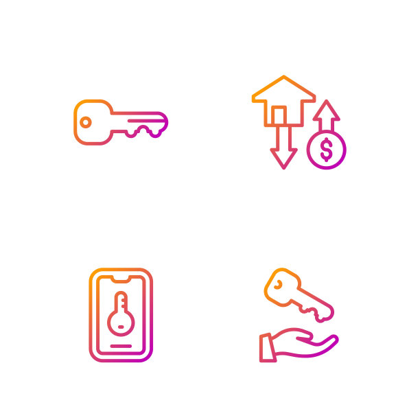 设置线房子钥匙，在线房地产，并与美元。渐变颜色图标。向量图片下载