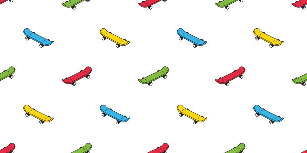 滑板无缝图案滑冰矢量极限运动卡通RGB cmyk围巾孤立瓷砖背景重复壁纸插图礼品包装纸设计图片下载