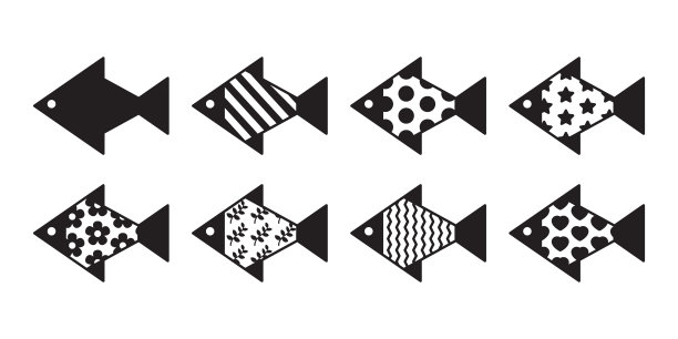 鱼矢量图标标志金枪鱼鲑鱼条纹心脏圆点花叶卡通涂鸦符号插图隔离设计图片下载