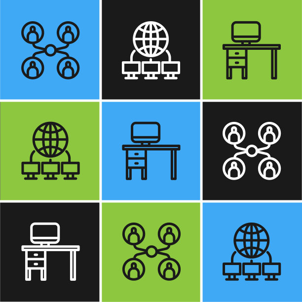 设置在线班、电脑显示器、桌面和网络图标。向量图片下载