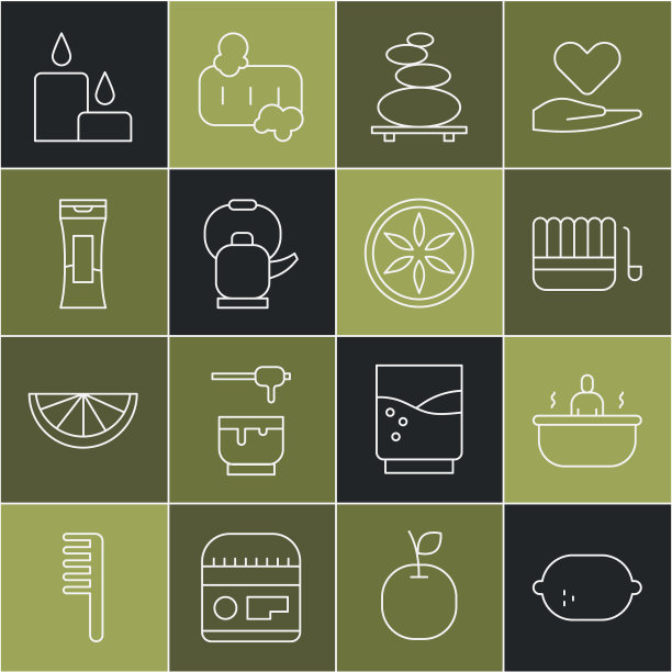 设置线柠檬，浴缸，桑拿桶和勺子，堆热石，水壶与手柄，一瓶洗发水，燃烧的蜡烛和叶子植物的自然图标。向量图片下载