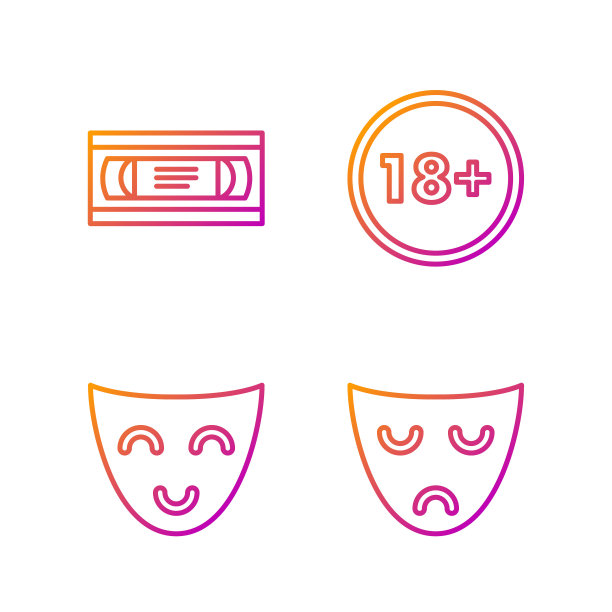 集线戏剧戏剧面具，喜剧戏剧面具，VHS录像带磁带和18岁以下。渐变颜色图标。向量图片下载